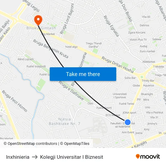 Inxhinieria to Kolegji Universitar I Biznesit map