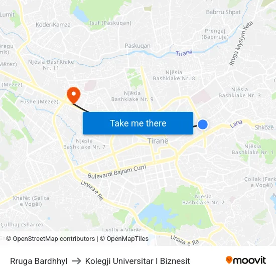 Rruga Bardhhyl to Kolegji Universitar I Biznesit map