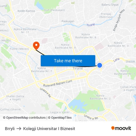 Brryli to Kolegji Universitar I Biznesit map