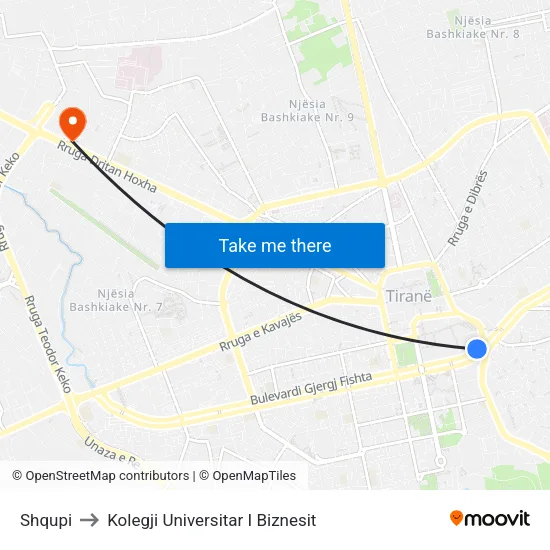 Shqupi to Kolegji Universitar I Biznesit map