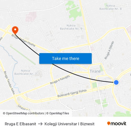 Rruga E Elbasanit to Kolegji Universitar I Biznesit map