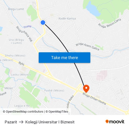 Pazarit to Kolegji Universitar I Biznesit map