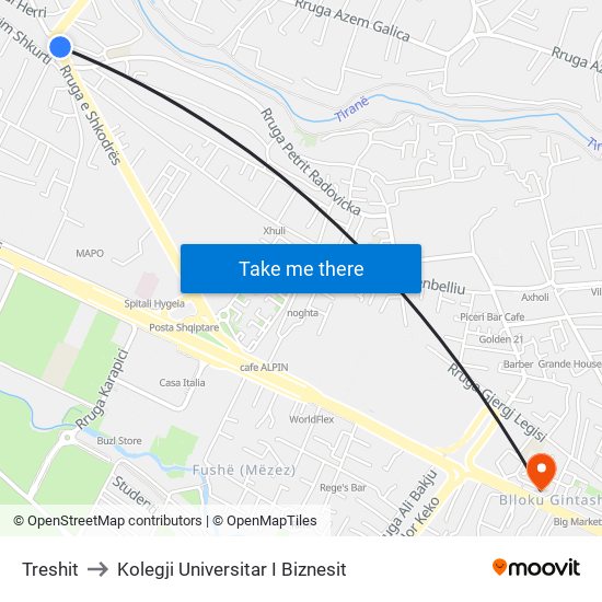 Treshit to Kolegji Universitar I Biznesit map