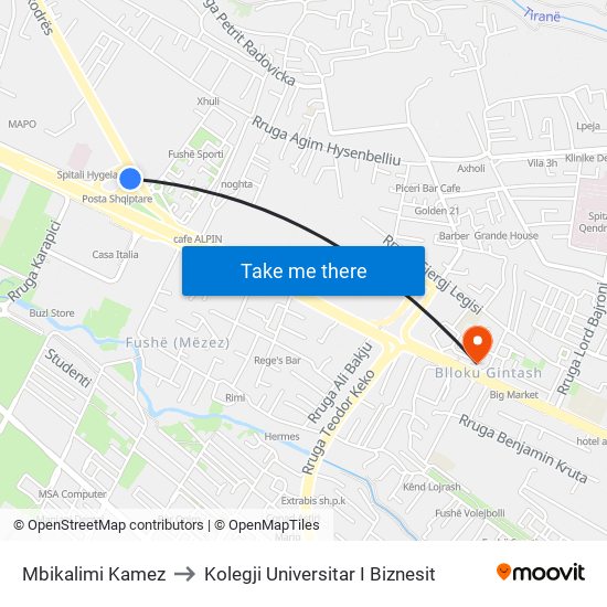 Mbikalimi Kamez to Kolegji Universitar I Biznesit map