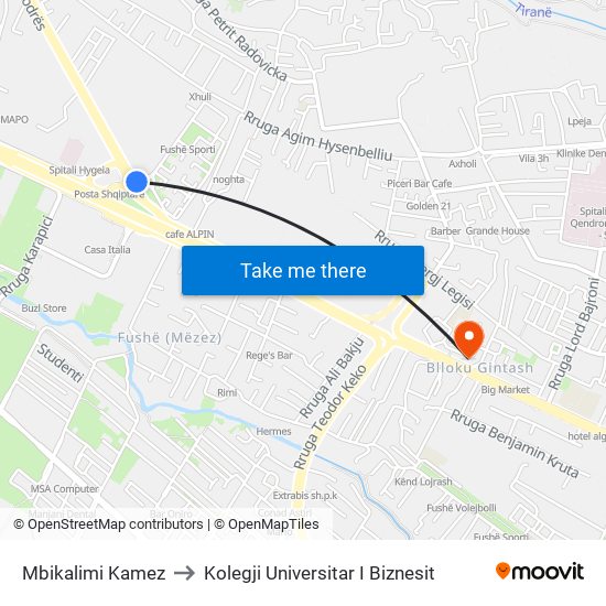 Mbikalimi Kamez to Kolegji Universitar I Biznesit map