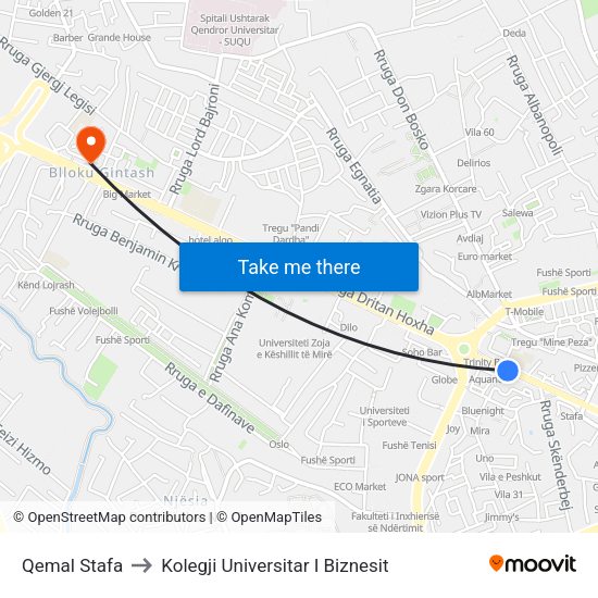 Qemal Stafa to Kolegji Universitar I Biznesit map