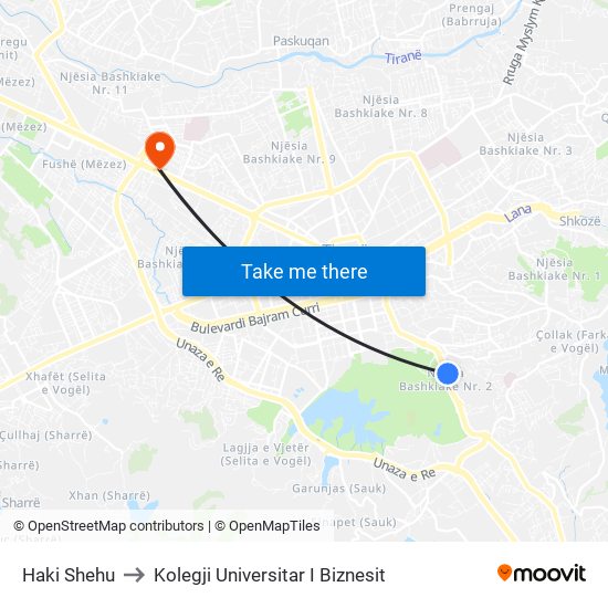 Haki Shehu to Kolegji Universitar I Biznesit map