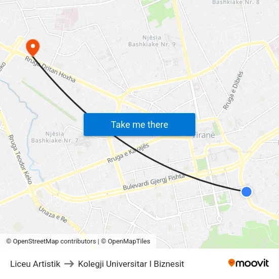 Liceu Artistik to Kolegji Universitar I Biznesit map