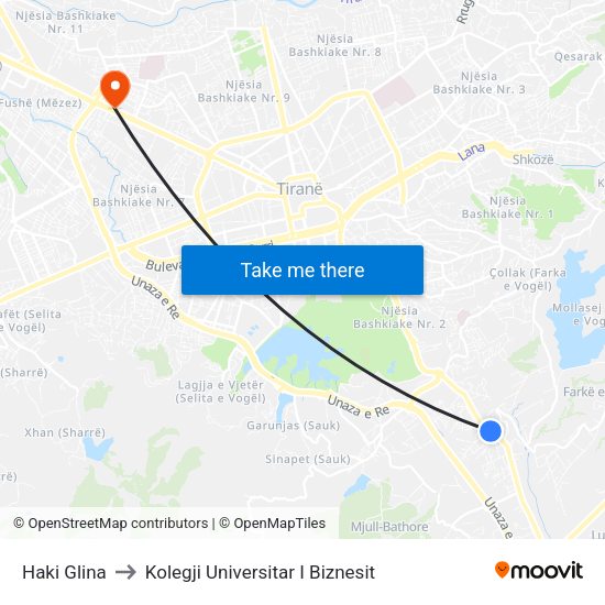 Haki Glina to Kolegji Universitar I Biznesit map