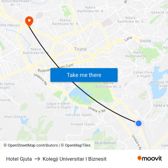 Hotel Gjuta to Kolegji Universitar I Biznesit map