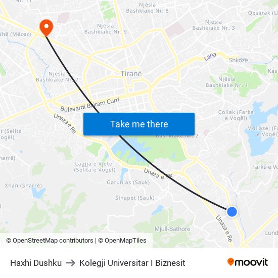Haxhi Dushku to Kolegji Universitar I Biznesit map