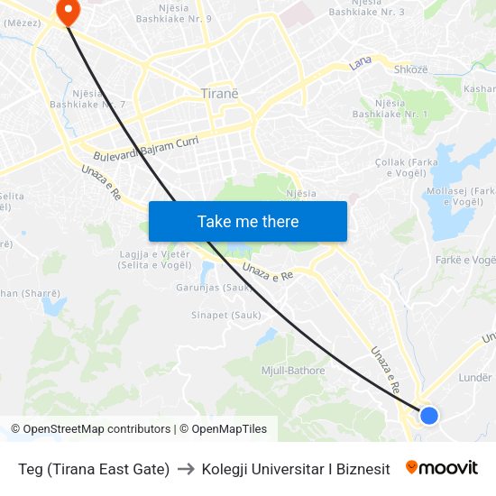 Teg (Tirana East Gate) to Kolegji Universitar I Biznesit map