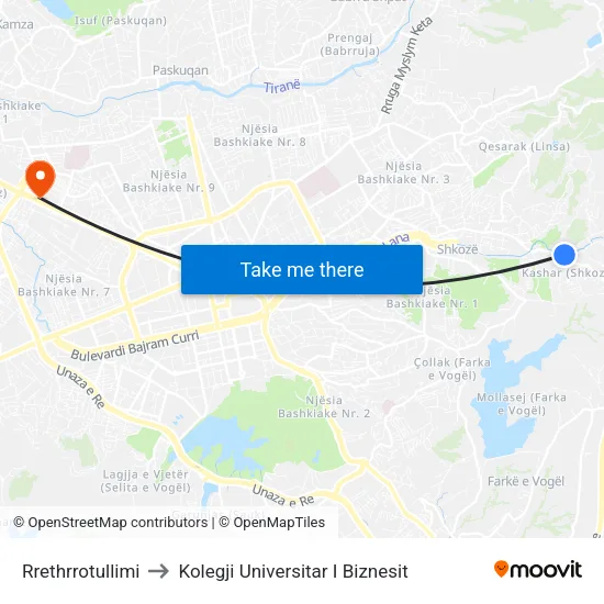 Rrethrrotullimi to Kolegji Universitar I Biznesit map