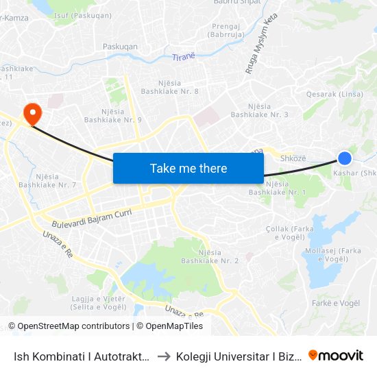 Ish Kombinati I Autotraktoreve to Kolegji Universitar I Biznesit map