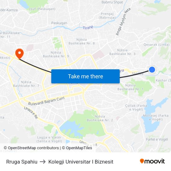 Rruga Spahiu to Kolegji Universitar I Biznesit map