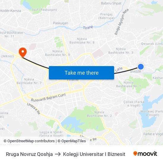 Rruga Novruz Qoshja to Kolegji Universitar I Biznesit map