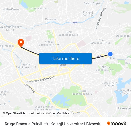 Rruga Fransua Pukvil to Kolegji Universitar I Biznesit map