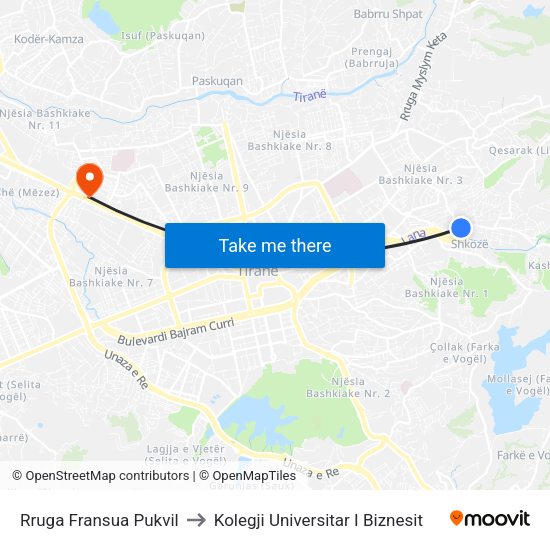 Rruga Fransua Pukvil to Kolegji Universitar I Biznesit map