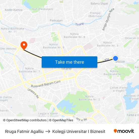 Rruga Fatmir Agalliu to Kolegji Universitar I Biznesit map