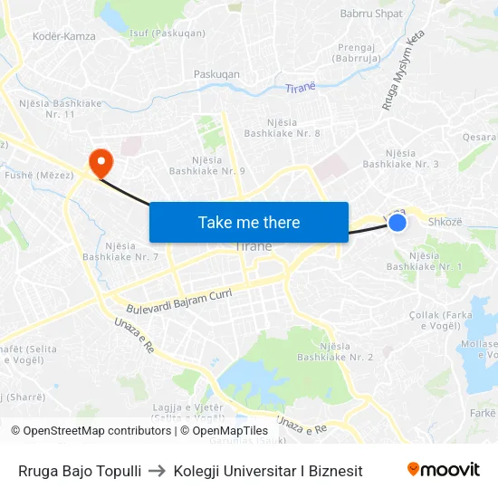 Rruga Bajo Topulli to Kolegji Universitar I Biznesit map