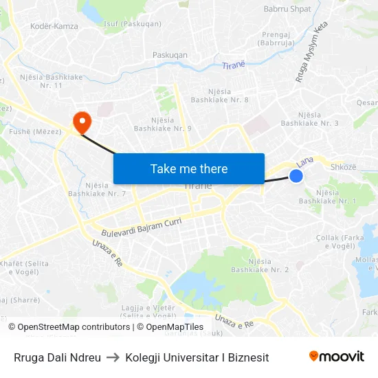 Rruga Dali Ndreu to Kolegji Universitar I Biznesit map