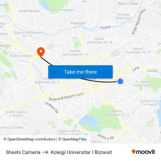 Sheshi Cameria to Kolegji Universitar I Biznesit map