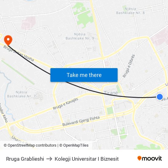 Rruga Grablieshi to Kolegji Universitar I Biznesit map