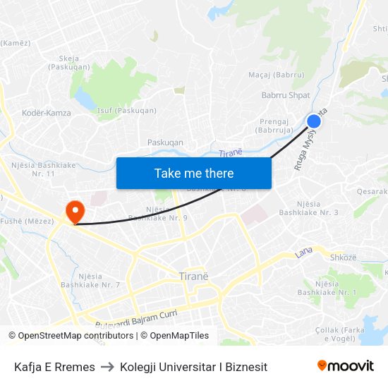 Kafja E Rremes to Kolegji Universitar I Biznesit map
