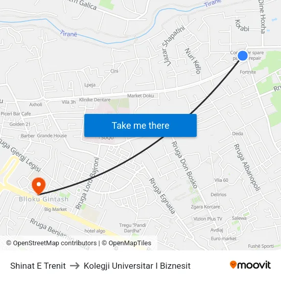 Shinat E Trenit to Kolegji Universitar I Biznesit map