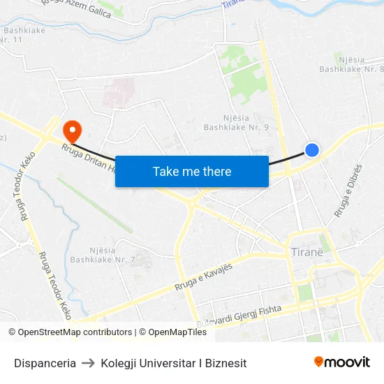 Dispanceria to Kolegji Universitar I Biznesit map