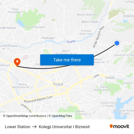 Lower Station to Kolegji Universitar I Biznesit map