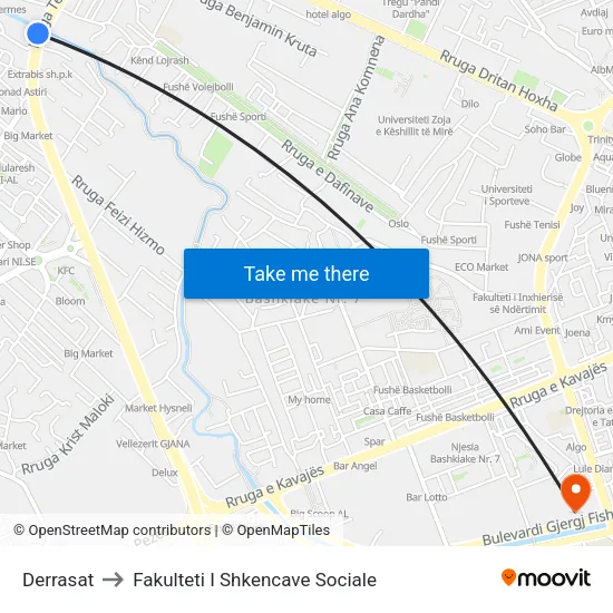 Derrasat to Fakulteti I Shkencave Sociale map