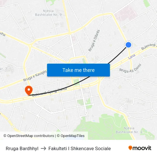 Rruga Bardhhyl to Fakulteti I Shkencave Sociale map
