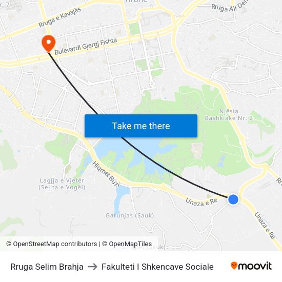 Rruga Selim Brahja to Fakulteti I Shkencave Sociale map