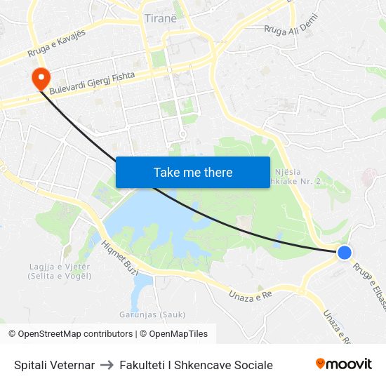 Spitali Veternar to Fakulteti I Shkencave Sociale map