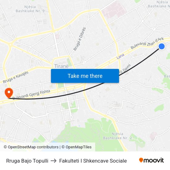 Rruga Bajo Topulli to Fakulteti I Shkencave Sociale map