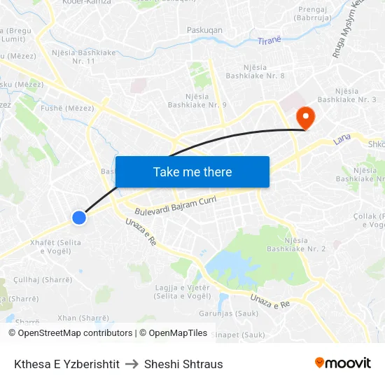 Kthesa E Yzberishtit to Sheshi Shtraus map