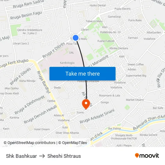 Shk Bashkuar to Sheshi Shtraus map