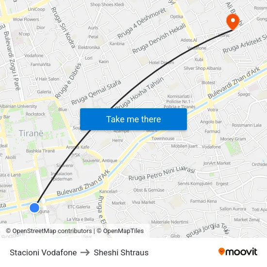 Stacioni Vodafone to Sheshi Shtraus map