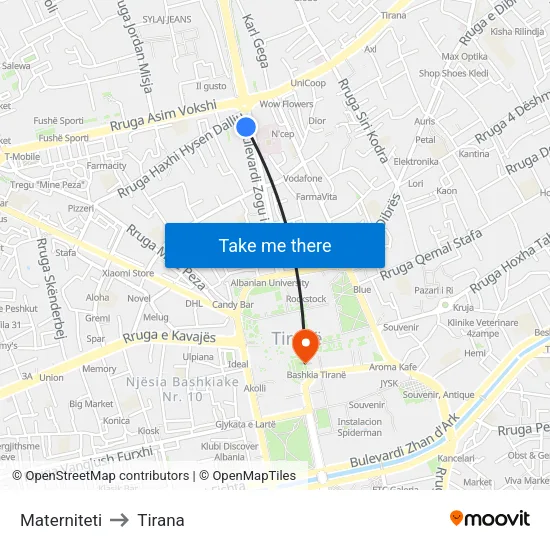 Materniteti to Tirana map