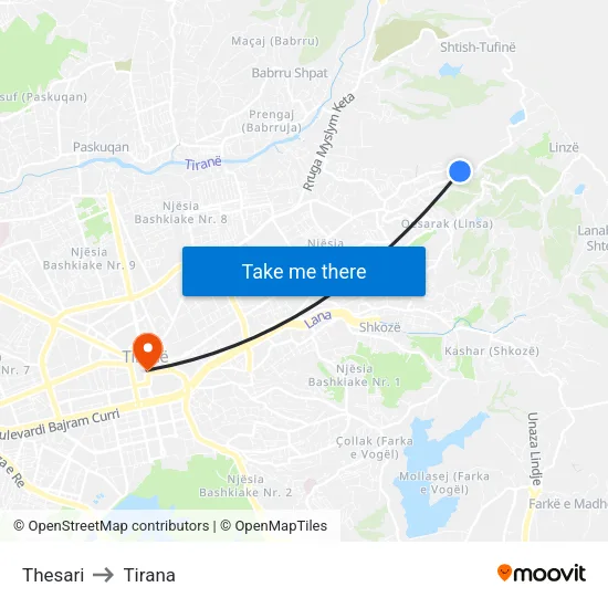 Thesari to Tirana map