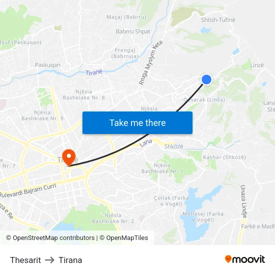 Thesarit to Tirana map