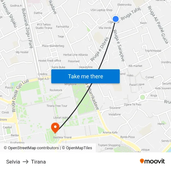 Selvia to Tirana map