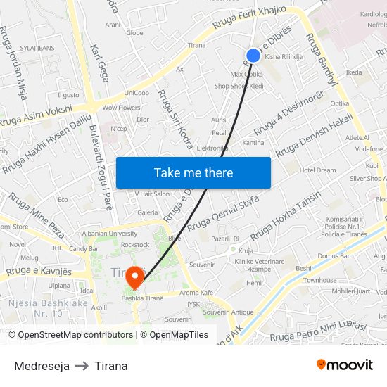Medreseja to Tirana map
