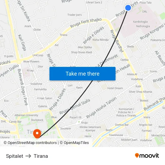 Spitalet to Tirana map