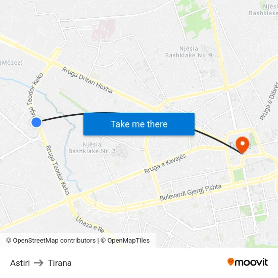 Astiri to Tirana map
