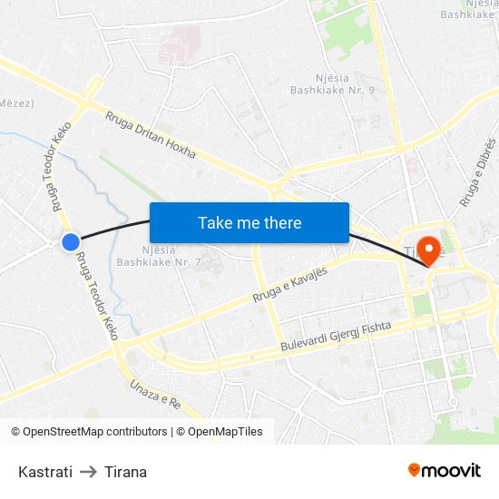 Kastrati to Tirana map