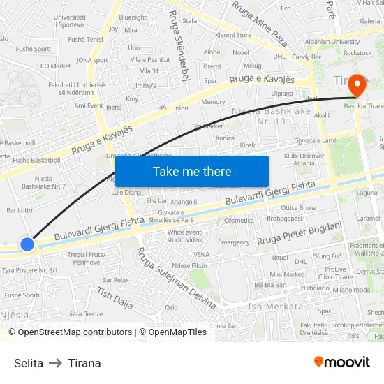 Selita to Tirana map
