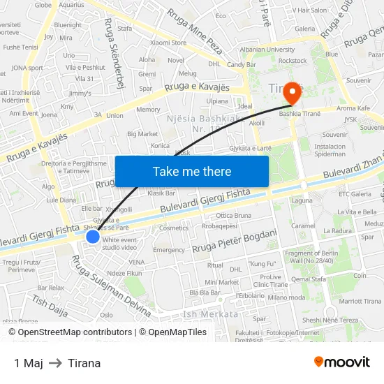 1 Maj to Tirana map