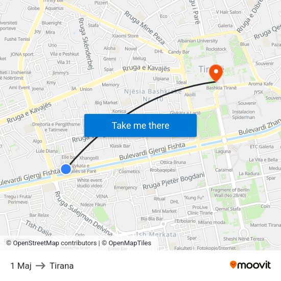 1 Maj to Tirana map